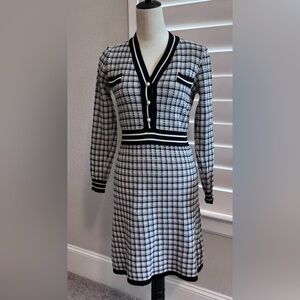 Elegant Black and White Checkered Sweater Dress